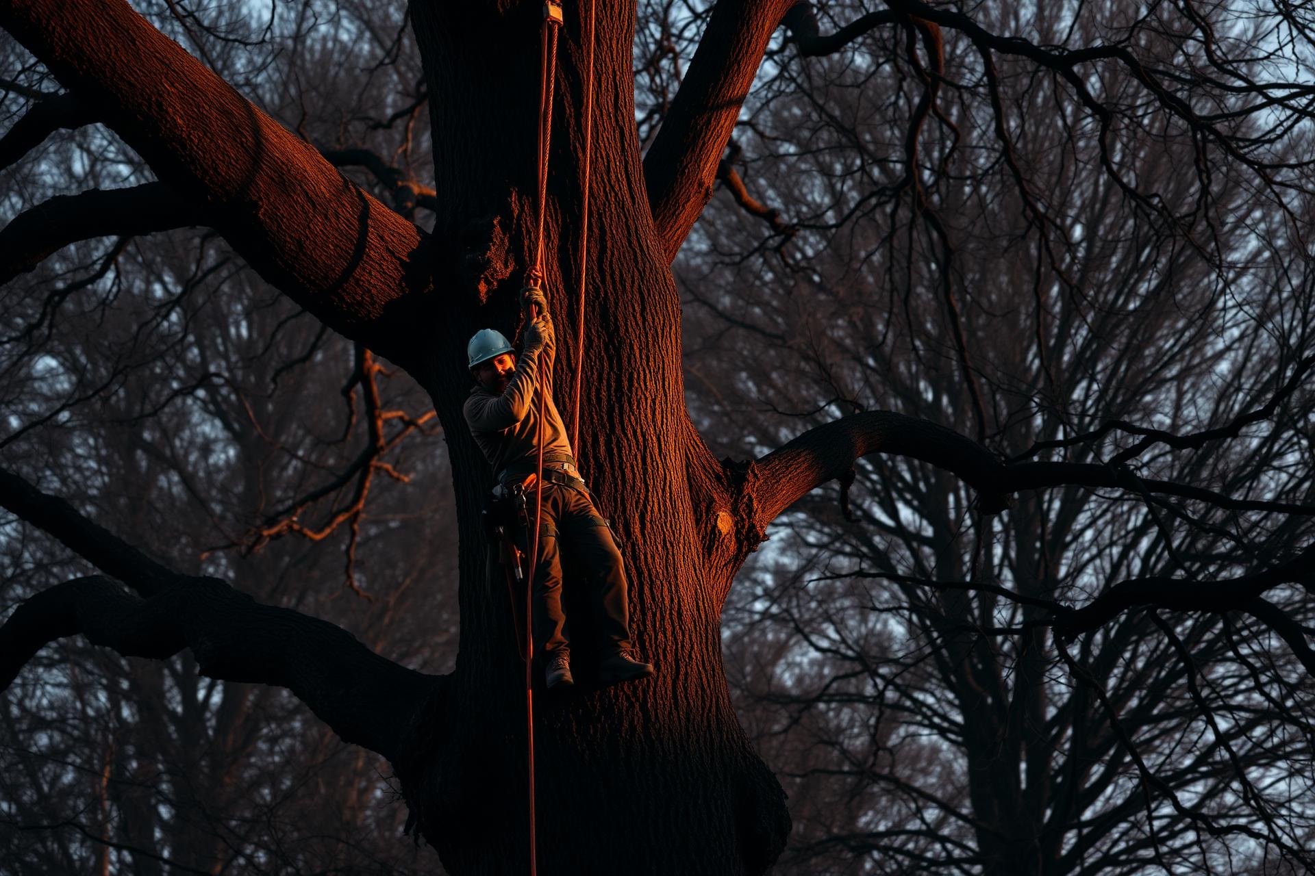 Qualified tree surgeon climbing an oak at sunset in West Sussex